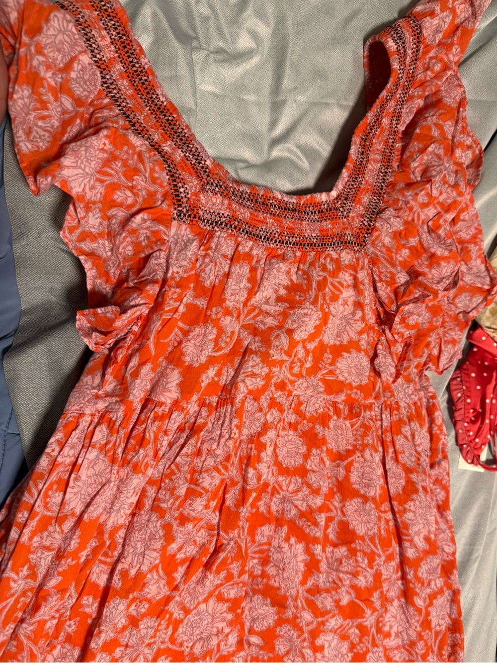 Free People Orange Floral Smocked Square Neck Dress